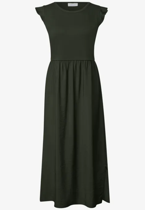 Midi-jurk met verschillende texturen en ronde hals oil green Donkergroene maxi-jurk met afgekorte mouwen, wijd uitlopende rok en ronde halslijn.