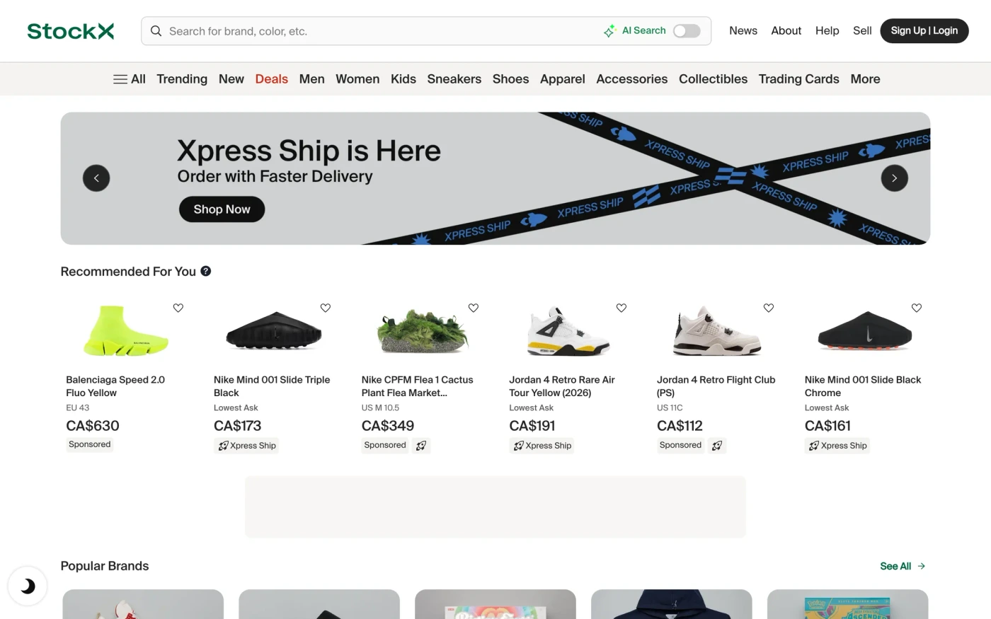 StockX homepage