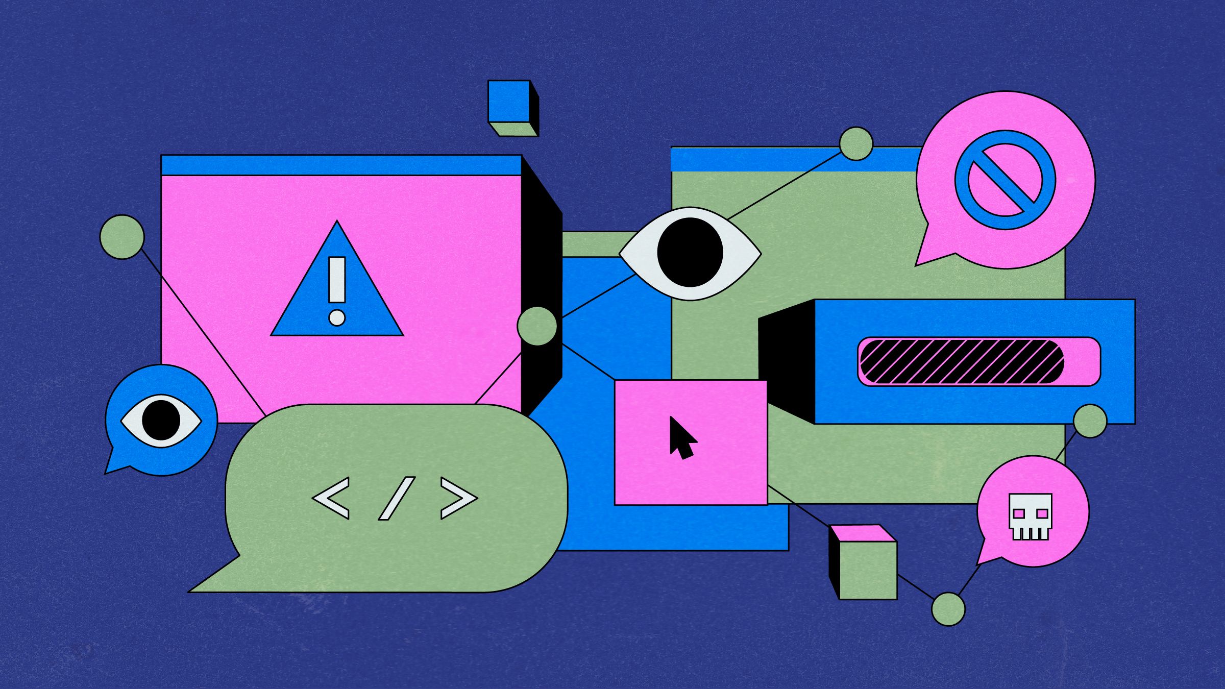 Illustration of multiple windows with security and alert icons.