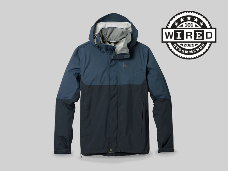 IMAGE OF A BLUE AND GREY RAIN JACKET