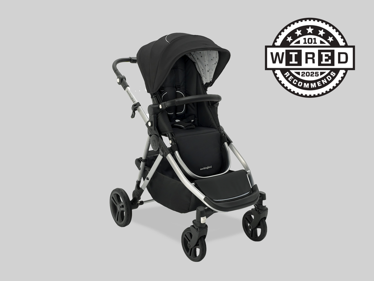 A black double stroller with a canopy