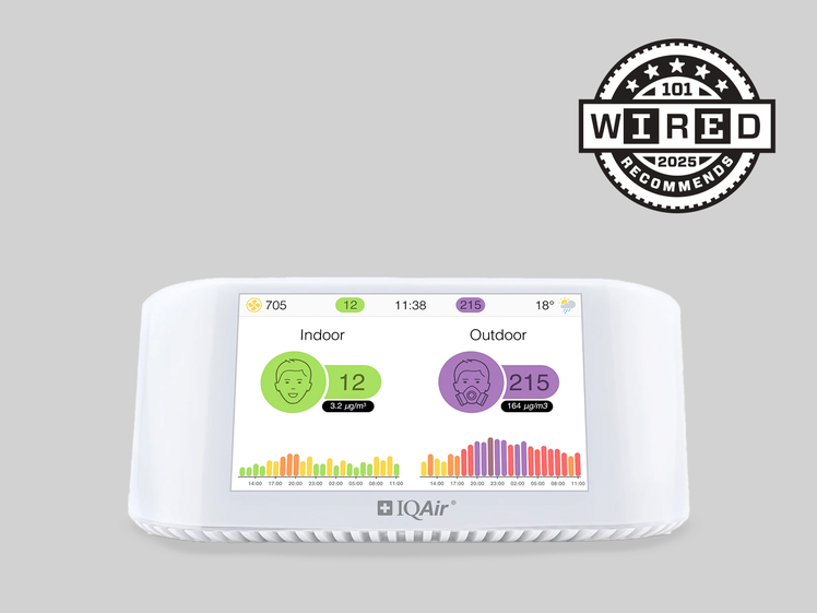 A white air monitor where the interface is showing indoor and outdoor air quality