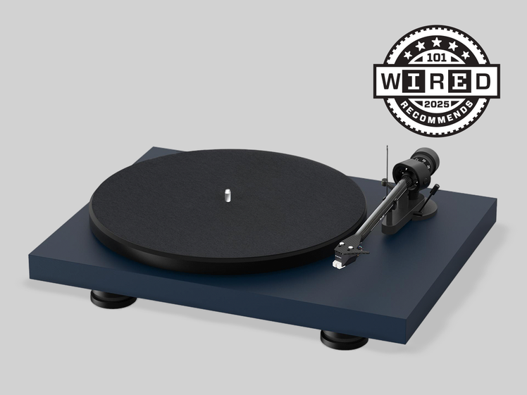 A BLUE TURNTABLE RECORD PLAYER