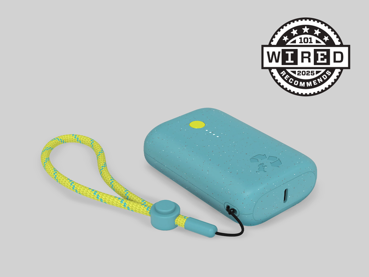 NEON BLUE PORTABLE CHARGER WITH A NEON YELLOW HANDLE