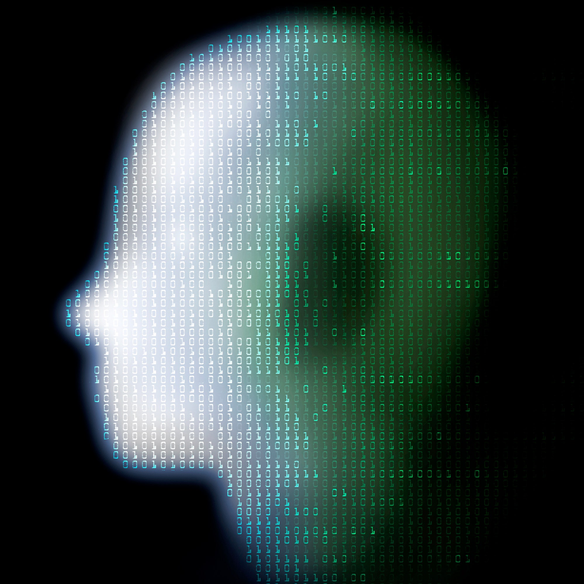 Artificial intelligence. Conceptual illustration of a human head overlaid with binary digits representing artificial...