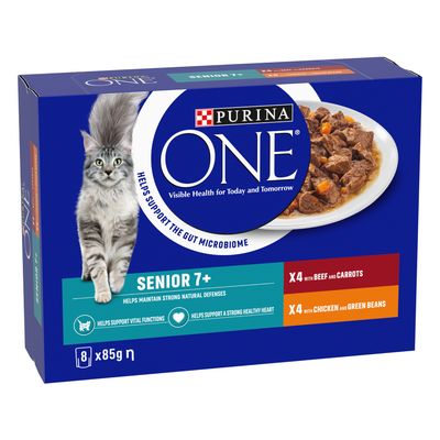 Senior 7+ selection: 4 with salmon and carrots, 4 with ocean fish and green beans. Purina One branding visible.