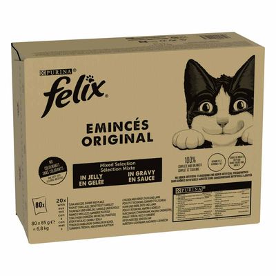 Caja de Felix con ilustración de gato, incluye 80 sobres de 100 g cada uno. Variedades: atún y bacalao en gelatina, gambas y solla en gelatina, pollo y riñón en salsa, pato y cordero en salsa.