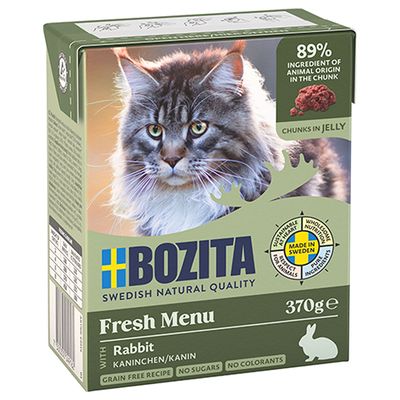 Bozita Fresh Menu atlanti-óceáni tőkehallal, 370g. 89% állati összetevő darabokban, Svédországban készült, gabonamentes, cukor és színezék nélkül.
