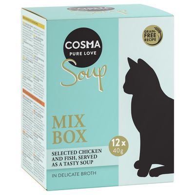 Cosma Pure Love Soup Chicken Breast with Pumpkin macskaeledel, 24×40 g tasakos csomagolásban. Látható szöveg: in delicate broth.