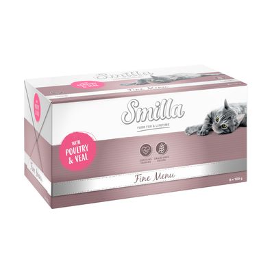 Smilla Fine Menu macskaeledel pulyka és nyúl, 24×100 g-os csomag. Csomagoláson: contains taurine, grain-free recipe, with turkey & rabbit, 100 g.
