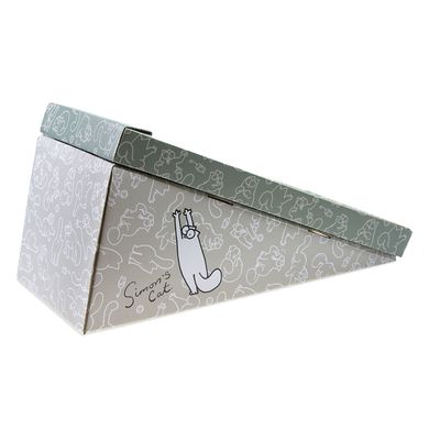 Kratzpappe in dreieckiger Form mit Simon's Cat Design und weissen Katzenzeichnungen auf grauem Hintergrund.