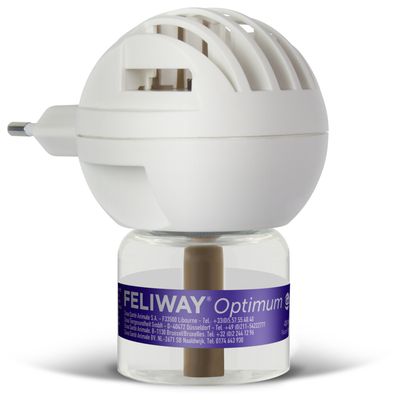 Feliway Optimum dyfuzor z flakonem, biały nasadnik dyfuzora i fioletowa etykieta na szklanej butelce. Produkt wspierający dobre samopoczucie zwierząt domowych.