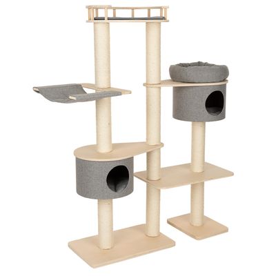 Cat tree made of wood with sisal posts, two caves, hammock and padded lying surface in grey.
