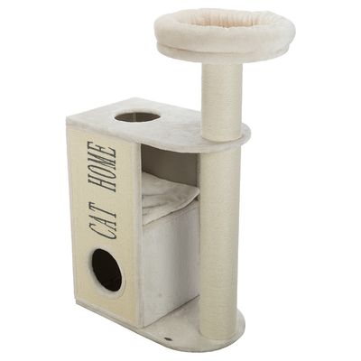 Cat tree with beige plush, two levels, cave with 'Cat Home' lettering, sisal posts and padded top lying surface.