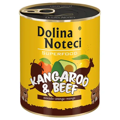 Dolina Noteci Superfood kenguru és marha avokádóval, naranccsal és mangóval. Sárga doboz állatmintákkal és összetevők képeivel. Dolina Noteci Superfood kenguru és marha avokádóval, naranccsal és mangóval. Sárga doboz állatmintákkal és összetevők képeivel.