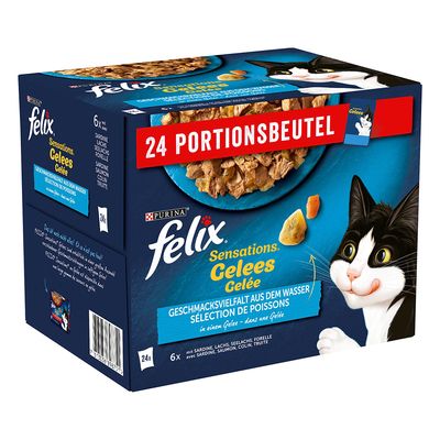 Felix Sensations Gelees macskaeledel, 2×24 tasakos csomag, összesen 48 adag. A dobozon látható: 24 PORTIONSBEUTEL, Purina felix, Sensations Gelees.