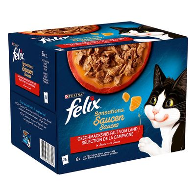 Purina felix Sensations Sauces macskaeledel, 2 doboz, összesen 48 tasak. Csomagoláson fekete-fehér macska és tál étel látható.