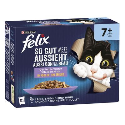 Purina Felix macskaeledel, vegyes válogatás zselében, 7+ év, lazac, szardínia, marha, csirke. Csomagoláson macska és tál látható.