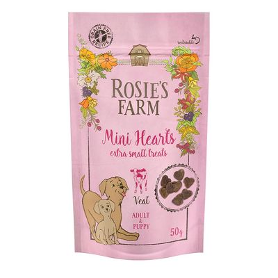 Rosie's Farm Mini Hearts ekstra male poslastice s teletinom, za odrasle i štence, 50g. Bez žitarica, ponovno zatvorivo.