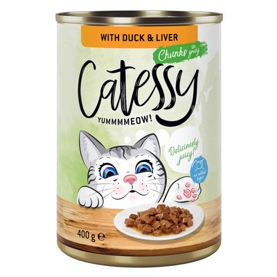 Catessy nedves eledel kacsával és májjal, darabok szószban, 400g konzerv. Lédús, hozzáadott cukor nélkül.