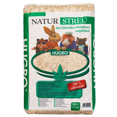 Hugro Naturstreu, recomendado por pequeños animales líderes, 100% vegetal, 100L (10kg). Adecuado para control de olores y bajo polvo. El envase muestra símbolo de hoja de cáñamo.