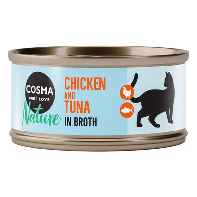 Cosma Pure Love Nature. Trozos de pollo y atún en caldo, silueta de gato con símbolos de pollo y pescado.