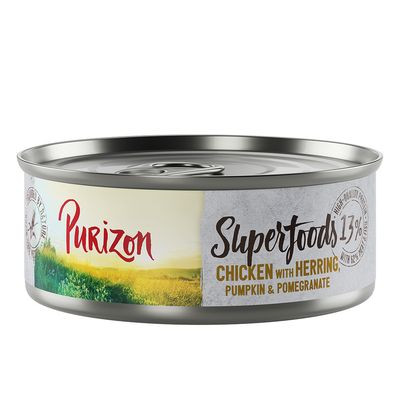 Purizon Superfoods karma dla kotów, 6x70g puszek: dzik, jeleń, kurczak, tuńczyk. Wysoka zawartość białka 13%, bez zbóż.