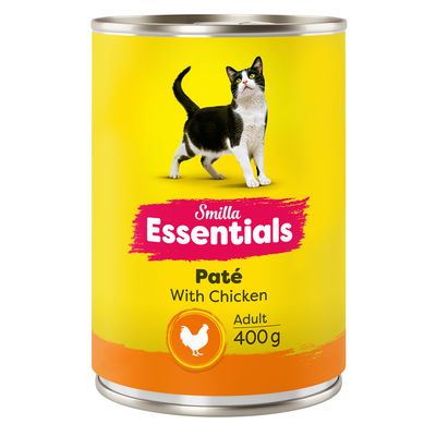 Smilla Essentials pástétom csirkével, felnőtt, 400 g. Sárga doboz, rajta fekete és fehér macska.