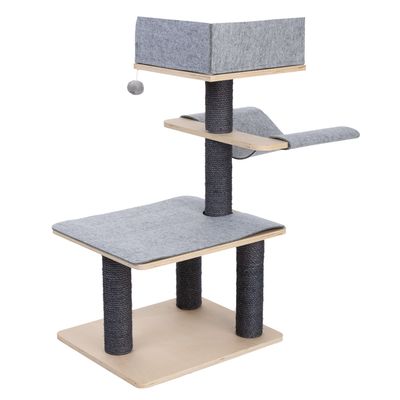 Cat tree made of wood with grey felt cover, three levels, sisal-wrapped posts and play ball on the top platform.