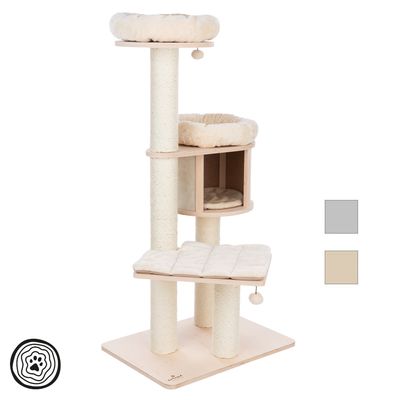 Cat tree with three levels, two padded lying areas, a cave and play ball. Colours: grey and beige.