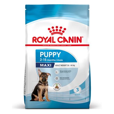 Royal Canin Puppy Maxi, pogodno za pse od 2 do 15 mjeseci težine 26-44 kg. Sadrži prirodne antioksidanse, podržava imunološki sustav i razvoj mozga.