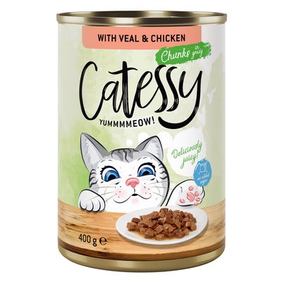 Catessy nedves eledel borjúval és csirkével, darabok szószban, 400g konzerv, hozzáadott cukor nélkül.