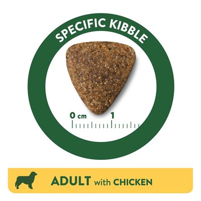 Trozo de pienso seco para perros adultos con pollo, tamaño aprox. 1 cm, texto: Specific Kibble, Adult with Chicken.