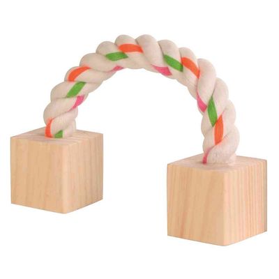 Juguete de madera con dos cubos y un arco de cuerda colorida, apto para mascotas.