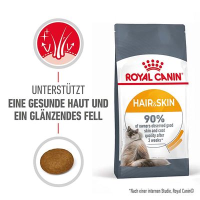Royal Canin Hair & Skin Katzenfutter. Unterstützt gesunde Haut und glänzendes Fell. 90% der Besitzer beobachteten gute Haut- und Fellqualität nach 3 Wochen. Abbildung einer Krokette.