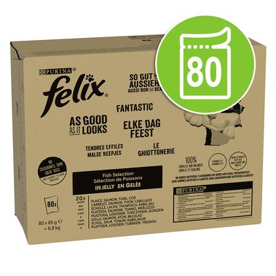 Purina Felix As Good As It Looks, halválogatás zselében, 80x85g. Színezék nélkül, kiegyensúlyozott és teljes értékű. Összetevők: lepényhal, lazac, tonhal, tőkehal.