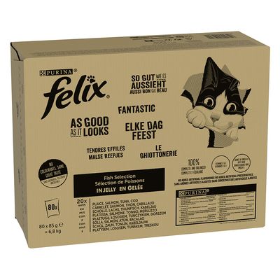 Purina Felix As Good As It Looks, halválogatás zselében, 80x85g. Színezék nélkül, 100% kiegyensúlyozott, vitaminokkal és Omega-6-tal. Összetevők: lepényhal, lazac, tonhal, tőkehal.