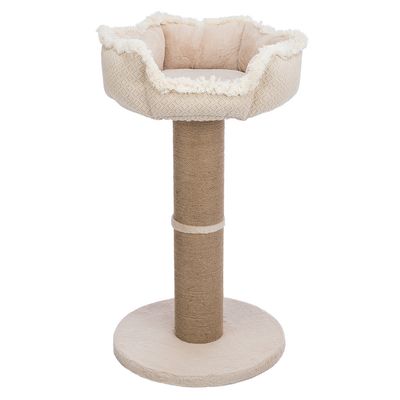 Cat tree with beige plush bed, round sisal post and stable base plate. Ideal for cats to scratch and rest.