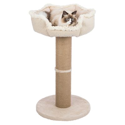 Cat tree with beige plush cover, sisal post and padded flower-shaped lying surface. Cat is lying on the top platform.