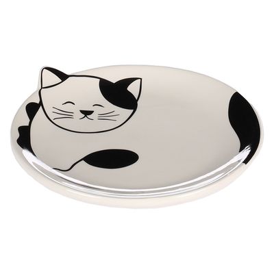 Keramikteller mit Katzenmotiv in Schwarz-Weiss, ovales Design.