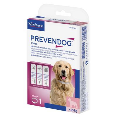 Virbac PREVENDOG collar medicamentoso para perros grandes y muy grandes, 1.304 g, deltametrina, 75 cm, 1 unidad, indicado para perros de más de 25 kg. Protección hasta 6-12 meses.