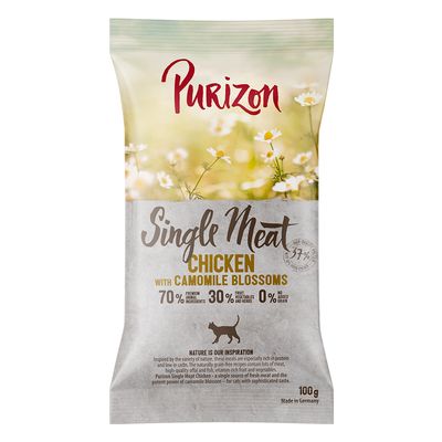 Purizon Single Meat Chicken z kwiatami rumianku, 70% składników zwierzęcych, 30% owoców i warzyw, 0% zbóż. Sucha karma dla kotów, 100g, wyprodukowana w Niemczech.