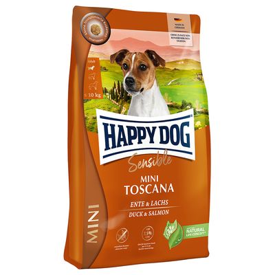 Happy Dog Sensible Mini Toscana, kacsa és lazac, Németországban készült, tartósítószer hozzáadása nélkül, Natural Life Concept, 10 kg-ig kutyáknak.