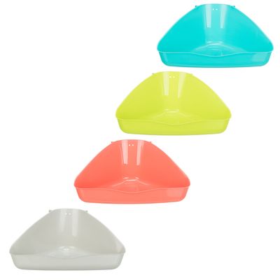 Corner toilets made of plastic in four colours: turquoise, yellow, coral and white. Suitable for small pets.