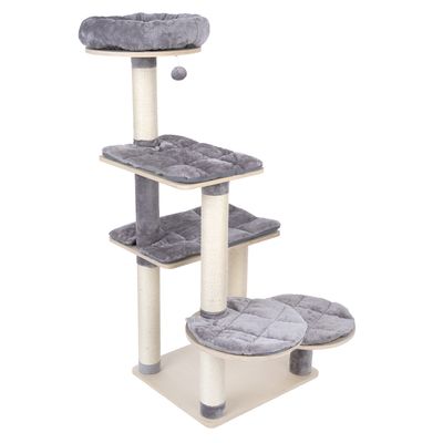 Cat tree with four levels, grey padded resting areas and sisal-wrapped posts. Top level with round cuddly bed and play ball.
