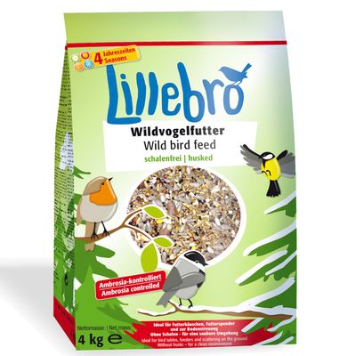 Lillebro Wildvogelfutter Wild bird feed, schalenfrei, Ambrosia-kontrolliert, nettó tömeg: 4 kg. 4 Jahreszeiten Seasons. Ambrosia controlled. Husked.