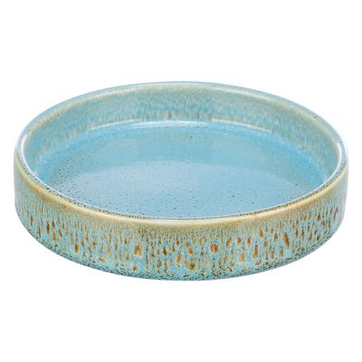 Runde Futterschale aus Keramik in Blau mit braunen Akzenten, geeignet für Futter oder Wasser.