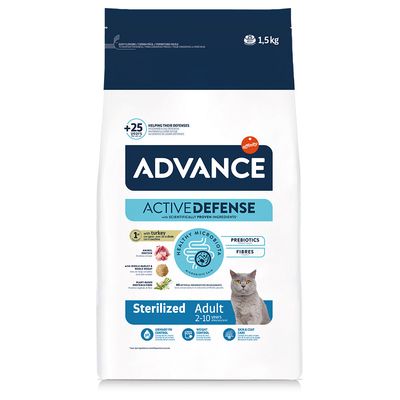 Advance Active Defense alimento para gatos esterilizados adultos, 2-10 años. Con pavo, prebióticos y fibra. Control de peso, cuidado de piel y pelo, protección urinaria. 1,5 kg.