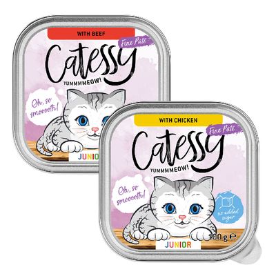 Catessy Fine Paté Junior, marha- és csirkefajták, hozzáadott cukor nélkül, 100g. Szürke macska illusztrációja a csomagoláson.