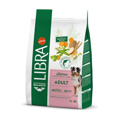 Libra Mediterranean Balance Adult comida para perros con salmón, 3 kg. Receta para el bienestar digestivo y 24% de proteína. Sin colorantes ni conservantes artificiales.